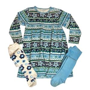 Girls 5/6 LL Bean Turquoise Blue Play Dress 100% Cotton with Tights